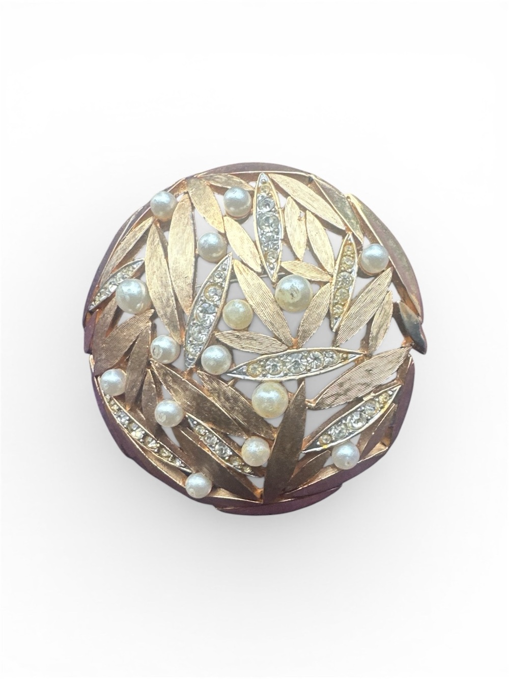 Vintage 1960’s Gold-Tone Pearl & Crystal Leaf Brooch - Women Accessories
